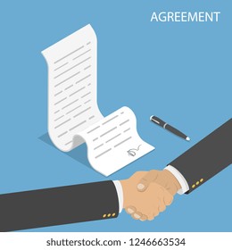 Isometric flat vector concept of agreement, handshake, contract signing.