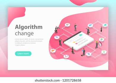 Isometric flat vector concept of algorithm change, search engine optimization, seo, digital marketing.