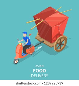 Isometric Flat Vector Concept Of Asian Food Delivery, Japanese Sushi, Wok Noodles, Chinese Takeaway Box.