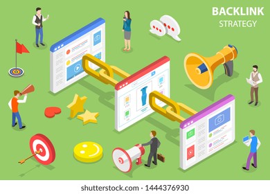 Isometric flat vector concept of backlink strategy, SEO link building, digital marketing campaign.