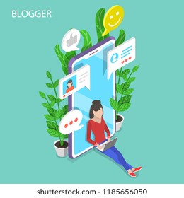 Isometric flat vector concept of blogger, commercial blog posting, copywriting, content marketing strategy.