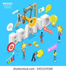 Isometric flat vector concept of brand awareness campaign, online branding and marketing, company digital promotion.