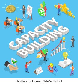 Isometric flat vector concept of capacity building, process of skills obtaining, improving and retaining, process of a organization and personal development.