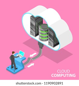 Isometric flat vector concept of cloud computing technology, data storage and hostiung, big data.