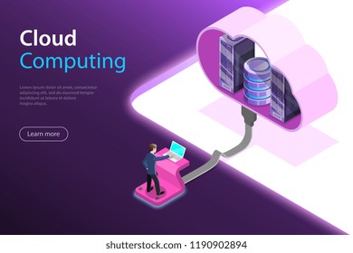 Isometric flat vector concept of cloud computing technology, data storage and hostiung, big data.