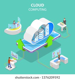 Isometric flat vector concept of cloud computing technology, data storage and hosting, big data.