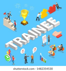 Isometric flat vector concept of company trainee program, training process of new hired employees.