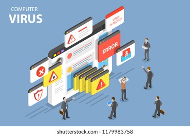 Isometric Flat Vector Concept Of Computer Virus, Alert Notification, Hacking, Cyber Security, Fraud Internet Error.