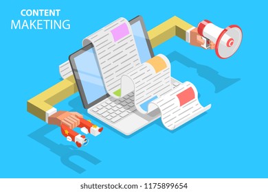 Isometric Flat Vector Concept Of Content Strategy, Engagment Digital Content Promotion.