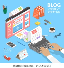 Isometric flat vector concept of creative business blogging, commercial blog posting, copywriting, content marketing strategy.