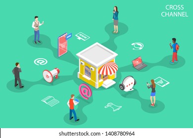 Isometric flat vector concept of cross channel, omnichannel, several communication channels between seller and customer, digital marketing, online shopping.