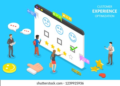 Isometric flat vector concept of customer experience optimization, crm, relationship management, client rating, user satisfaction.