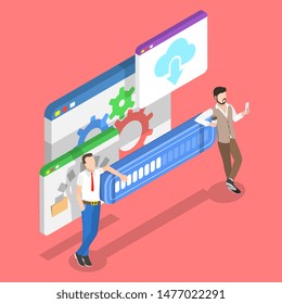 Isometric flat vector concept of data transfer process, system upgrade, file downloading progress.