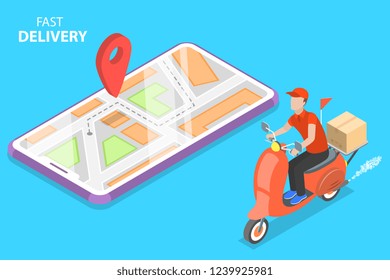 Isometric flat vector concept of delivery by scooter, courier service, goods shipping, food online ordering.