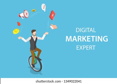 Isometric Flat Vector Concept Of Digital Marketing Expert, Seo, Advertising Campaign Manager, Website Promotion.