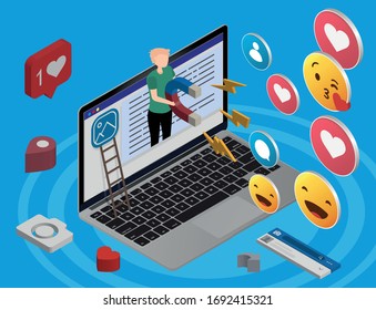 Isometric flat vector concept of digital inbound marketing strategy, leads generating, customer attraction and retention. Influencer marketing concept with magnet.