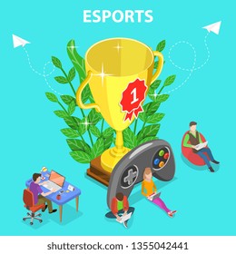 Isometric flat vector concept of esports tournament, cyber sport championship, online gaming.