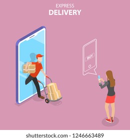 Isometric Flat Vector Concept Of Express Delivery, Courier Service, Goods Shipping, Food Online Ordering.