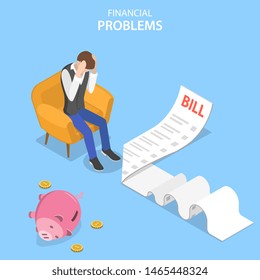 Isometric flat vector concept of financial problems, business crisis and bankruptcy, unpaid loan debt.