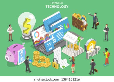 Isometric flat vector concept of fintech, financial technology, online banking, blockchain, data analysis.