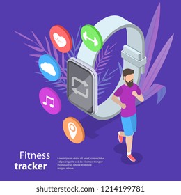 Isometric flat vector concept of fitness tracker, smart watch, sport and healthy lifestyle.