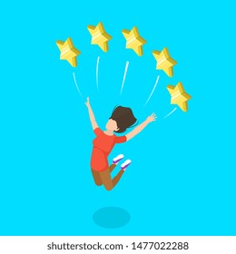 Isometric flat vector concept of five star rating, customer quality evaluation, user feedback, excellent client satisfaction.