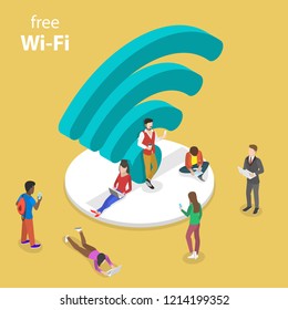 Isometric Flat Vector Concept Of Free Wifi, Wi-fi Hotspot, Public Access.