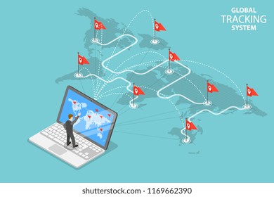 Isometric flat vector concept of global tracking system, cargo delivery, logistics network, worldwide freight shipping.