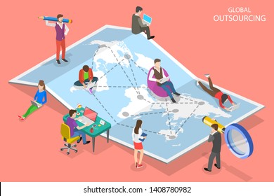 Isometric flat vector concept of global outsourcing, company remote management, distributed team, freelance job.