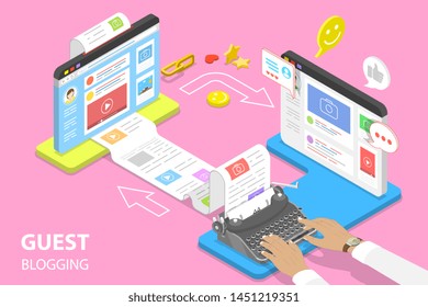 Isometric flat vector concept of guest blogging, commercial blog posting and copywriting, content marketing strategy.