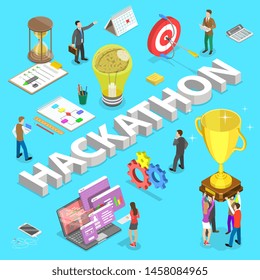 Isometric flat vector concept of hackathon, hack marathon coding event, app and software development.