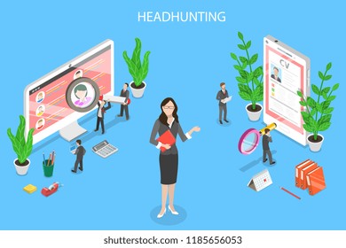 Isometric flat vector concept of headhunting, recruitment, HR manager review, employee search.