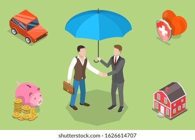 Isometric flat vector concept of healthcare, home, vehicle and financial insurance policy.