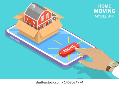 Isometric flat vector concept of home moving mobile order, relocation service, fast delivery.