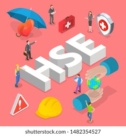 Isometric Flat Vector Concept Of HSE, Practical Aspects Of Environmental Protection And Safety At Work, Health Safety Environment.