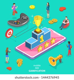 Isometric flat vector concept of interactive content for audience engaging, mobile app gamification, encouraging customers to earn rewards.
