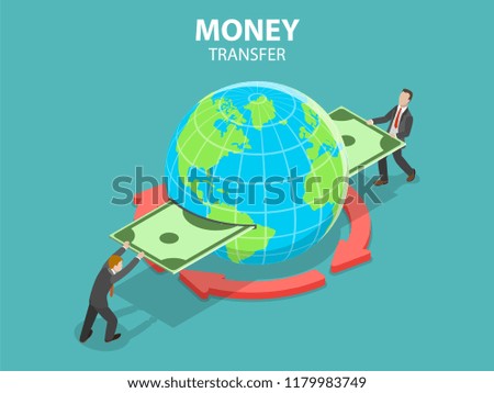 Isometric flat vector concept of international money transfer, online banking, financial transaction.