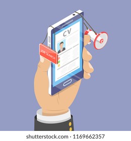 Isometric flat vector concept of job search, online recruitment, HR, recruitment, position application.