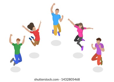 Isometric flat vector concept of jumping happy people, team success, winner company.