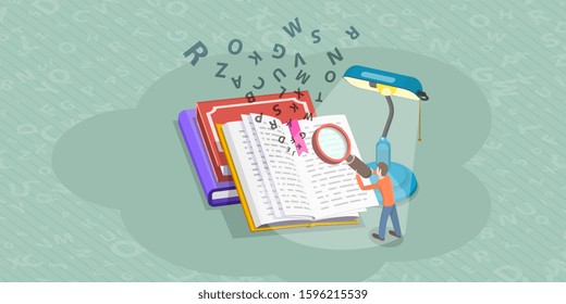 Isometric Flat Vector Concept of Literature Reading, Language Learning, Searching Through Dictionary, Vocabulary Development.