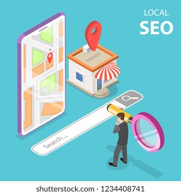 Isometric flat vector concept of local seo, serching store, e-commerce.