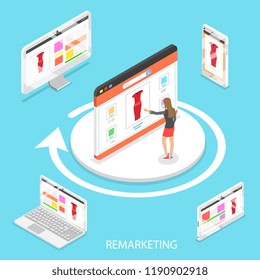 Isometric flat vector concept of marketing retargeting, behavioural remarketing, digital promotion campaign.