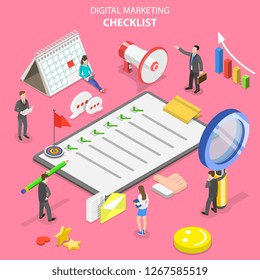Isometric flat vector concept of marketing checklist, digital marketing, internet advertising campaign.
