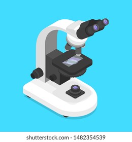 Isometric Flat Vector Concept Of A Microscope Isolated On A Blue Background.