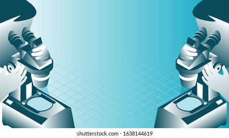 Isometric flat vector concept of a microscope isolated on a blue background.Business concept for research.