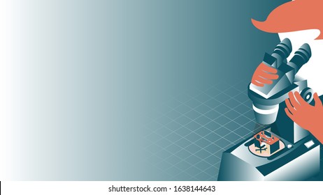Isometric flat vector concept of a microscope isolated on a blue background.Business concept for research.