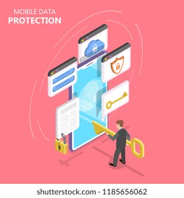 Isometric flat vector concept of mobile data protection, internet security.