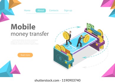 Isometric flat vector concept of mobile wallet, money transfer, online banking, financial transaction.