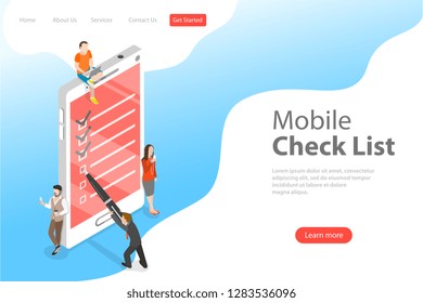 Isometric Flat Vector Concept Of Mobile Checklist, Task Successful Completion, Survey Form.