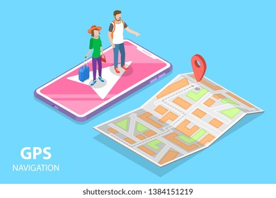 Isometric flat vector concept of mobile pgs navigation, city map, online geolocation.